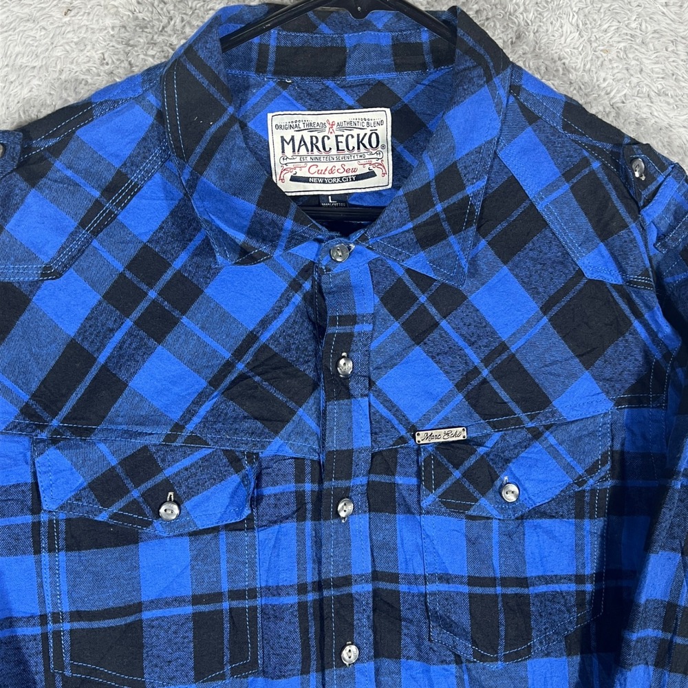 Marc Ecko Button Down Shirt Mens Large Blue Black Plaid Flannel Long Sleeve 1822
